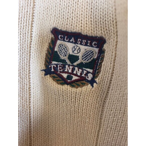 VTG Mens Tennis Sweater L Beige V-Neck Cotton Cable Knit Racket design Preppy - Picture 10 of 10